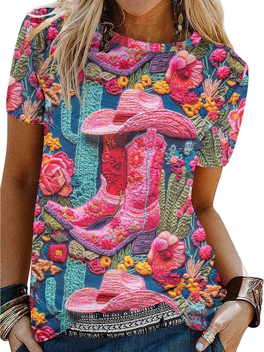 Boho Pink Cowboy Boot & Hat Floral Tee